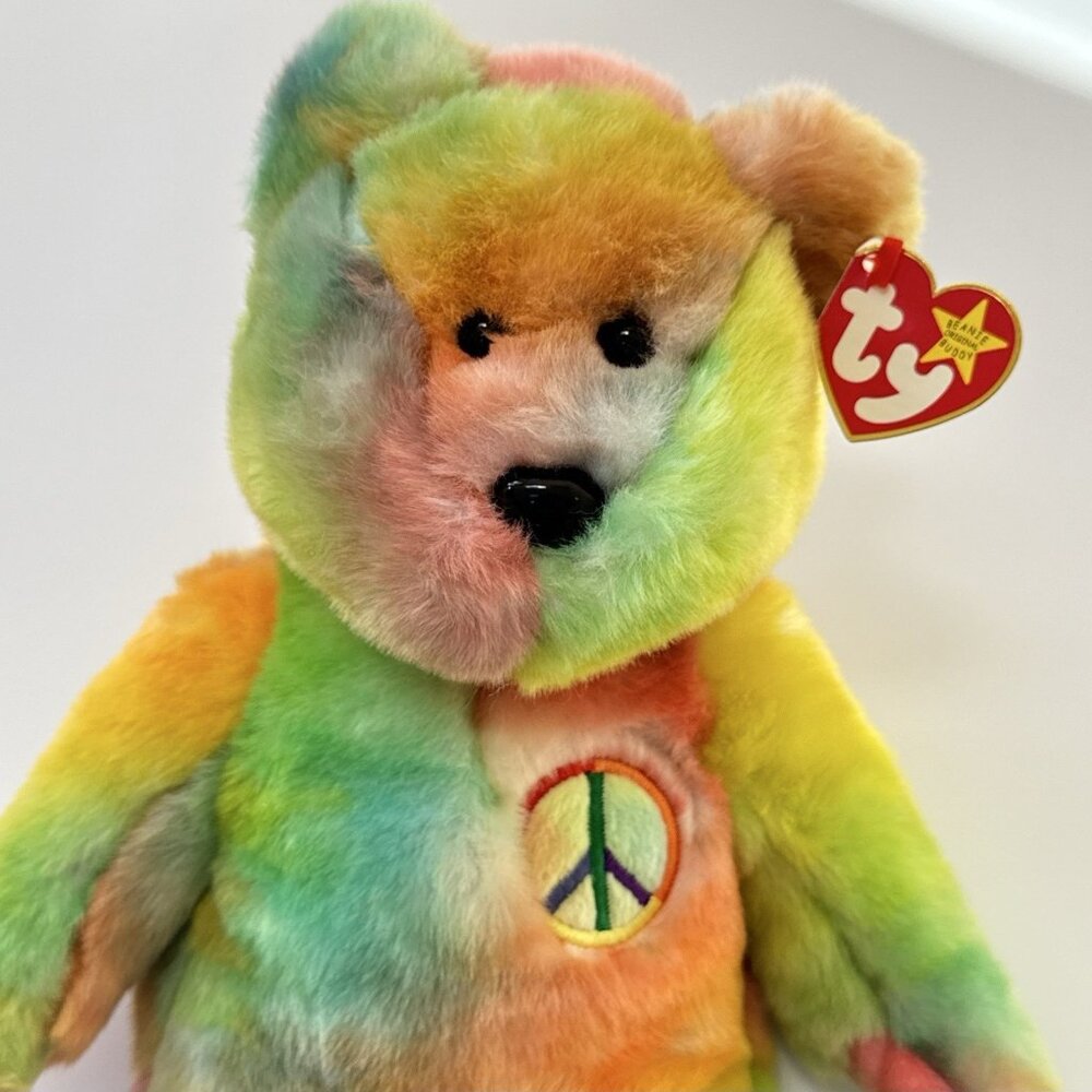 Peace Teddy Bear Tie Dye 1999 Embroidered Emblem 14" Vtg TY Beanie Buddy - Picture 3 of 9